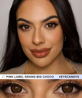 A female model with natural dark eyes wearing Pink Label Grang Big choco contact lenses, complemented by subtle eyeshadow and peach lip gloss and Close-up image showcases the model's eyes adorned with the same brown contact lenses