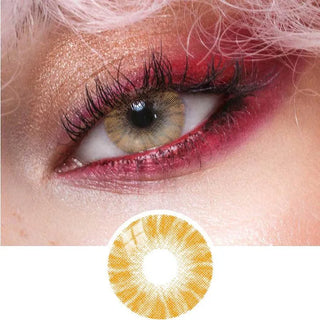 Close-up view of natural brown contact lens on a medium brown eye, paired with bold red eye makeup, next to a cutout of the contact lens