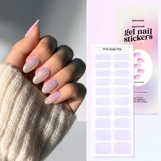 Close-up of hand wearing EyeCandys Pink Soda Pop Gel Nail Stickers in a shimmering hot pink design. Semi-cured gel nails with a glittery finish, ideal for creating bold, long-lasting spring or summer nail styles at home with ease.