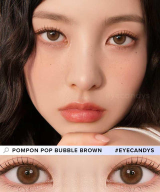 Beautiful female Asian model wearing Eyecandys Chuu Pompon bubble brown contact lenses with natural make up. While a separate illustration a close-up image of brown contact lenses with a bubble-like pattern resembling pom poms on model's natural dark brown eyes. Natural eye make up with false lashes for natural and fresh look.