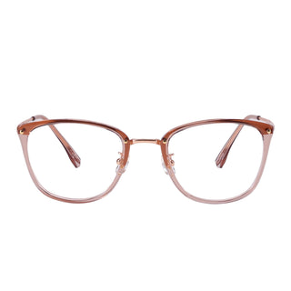 The EyeCandys Posh Square glasses feature full-frame transparent pinkish-brown cat-eye frames with gold hinge accents, shown from the front against a white background.