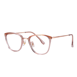 The EyeCandys Posh Square features clear pinkish-brown full-frame glasses with large rounded square frames and transparent nose pads, displayed at an angle on a white background.
