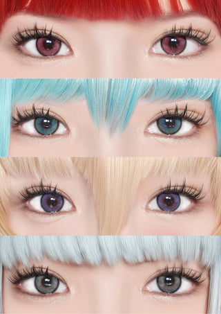 Collage of model's eyes wearing EyeCandys Powerglow contact lenses in grey, green, red, and violet — ultra-vibrant, cosplay-inspired colors with defined iris, thin limbal rings, UV protection, and moisture-locking MPC polymer for comfort and clarity