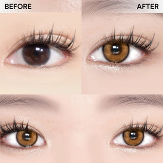 Dark eyes before and after wearing Eyecandys PowerGlow Brown prescription colored contact lenses, showing natural eye color enhancement