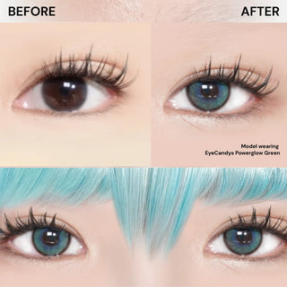 Before and after comparison of eye makeup with blue hair, featuring EyeCandys Powerglow Green color.