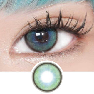 Model's eye with long lashes wearing EyeCandys Powerglow Green colored contact lenses. Below, a graphic design of the green lens, perfect for cosplay and prescription colored contact lenses