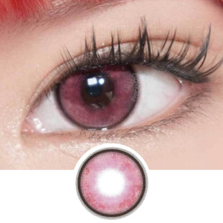 Close-up of model's eye with long lashes wearing EyeCandys Powerglow Red colored contact lenses. Below, a graphic design of the red contact lens, perfect for cosplay and available in prescription options