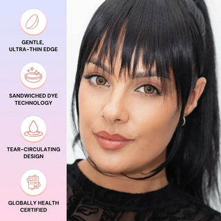 Model wearing EyeCandys PowerGlow Brown contact lenses for cosplay, featuring vivid orange-brown color, full coverage on dark eyes, and all-day comfort with MPC polymer.