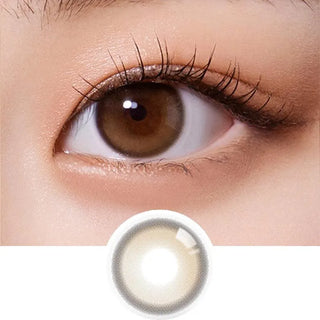 Macro shot of an eye wearing the Olola Purity Shine 1-Day Hazel Brown (10pk) (KR) colour contact lens, showing the multi-colored detail and natural effect on dark brown eyes, with clean eye makeup