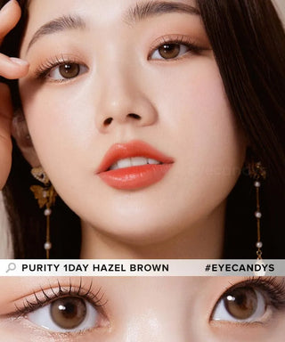 Model showcasing the natural look using Olola Purity Shine 1-Day Hazel Brown (10pk) (KR) prescription color contacts, above a closeup of a pair of eyes transformed by the color contact lenses