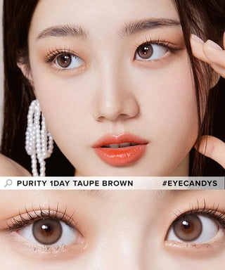 Model showcasing the natural look using Olola Purity Shine 1-Day Taupe Brown (10pk) (KR) prescription color contacts, above a closeup of a pair of eyes transformed by the color contact lenses