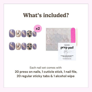 Image shows EyeCandys Purr-ple Reign Press-On Nails set: 20 nails with two designs, cuticle stick, nail file, 20 sticky tabs, and alcohol prep pad. Text lists items in this salon gel manicure kit.