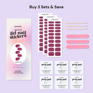 Eyecandys Raspberry Milk package set 3, including 3 sets of gel nail stickers, 6 alcohol pads, 3 nail files, and 3 sticks, offering a 10-minute application, lasting 2-3 weeks, with a 7-free, allergy-friendly formula