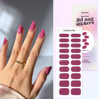 Hand with Eyecandys Raspberry Milk Gel Nail Stickers, offering a 10-minute application, lasting 2-3 weeks, with a 7-free, allergy-friendly formula that strengthens and repairs nails