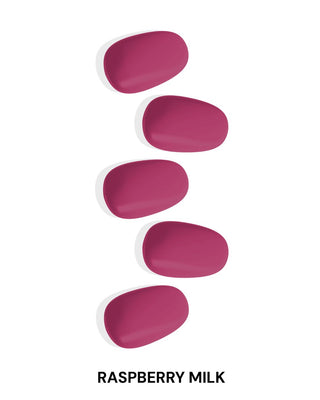 Eyecandys Raspberry Milk design gel nail stickers, offering a 10-minute application, lasting 2-3 weeks, with a 7-free, allergy-friendly formula that strengthens and repairs nails