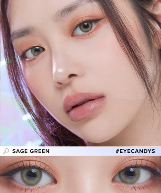 Several views of an Asian model with the Eyesm Sage Green colour contact lenses. An enlargement of a model's eyes with the prescription coloured contacts, demonstrating the subtle yet striking change on dark eyes.