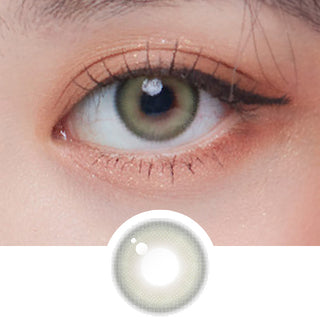 Close up of Sage Green Color Contact Lens for Dark Eyes, with minimal eye makeup, showing the iridescent color of the lens design.