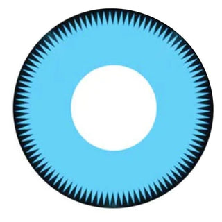 Design of an electric blue color contact lens with a serrated inner black border ring on a white background