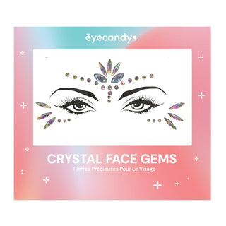 A "Crystal Face Gems" package from EyeCandys shows illustrated eyes decorated with colorful festival gems above and below, set on a pink-blue gradient background with star accents.