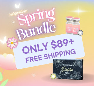 Banner showing a boxed packaging of EyeCandys lenses, next to vials of contact lenses. Promotional text showing 'Astigmatism Spring Bundle' and 'Only $89 + Free Shipping'