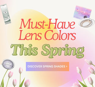 Banner is showing 2 scattered color contact lenses box. Each side of the banner has decorative graphics of tulips to show spring aesthetics. Text displaying 'Must-Have Lens Colors This Spring' is seen at the center part of the banner.