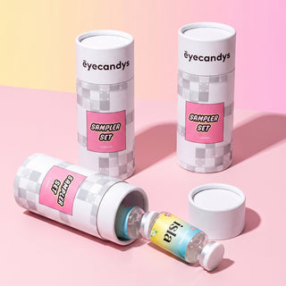 EyeCandys box and sampler set packaging with Amelie and Glossy prescription colored contact lenses vials – premium color contact lenses for daily wear.