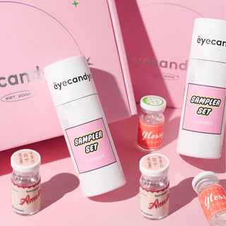 EyeCandys box and sampler set packaging with Amelie and Glossy prescription colored contact lenses vials – premium color contact lenses for daily wear.