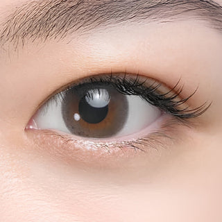 Close-up of eye wearing EyeCandys Seed Coffret Sheer Make Grey (10pk) prescription colored contact lens, sheer grey iris with soft brown accents and natural translucent finish, Japanese daily disposable contact lens for dark brown eyes