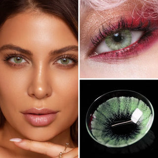 Close-up collage featuring a model wearing EyeCandys Shade Green Colored Contacts, highlighting the vibrant Green hue with subtle detail, an eye makeup look showcasing the lens in a creative setting, and a detailed view of the contact lens design.