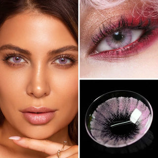 Close-up collage featuring a model wearing EyeCandys Shade Pink Colored Contacts, highlighting the vibrant pink hue with subtle detail, an eye makeup look showcasing the lens in a creative setting, and a detailed view of the contact lens design.