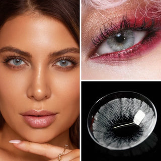 Close-up collage featuring a model wearing EyeCandys Shade Grey Colored Contacts, highlighting the vibrant grey hue with subtle detail, an eye makeup look showcasing the lens in a creative setting, and a detailed view of the contact lens design.