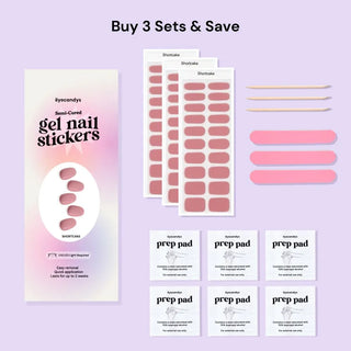 EyeCandys Shortcake Gel Nail Sticker set includes alcohol prep pads, a wooden stick, and a nail file for easy application. This all-in-one kit ensures a smooth, long-lasting manicure with minimal effort. Perfect for at-home use, these gel nail stickers offer a chip-free finish and come with essential tools for flawless results.