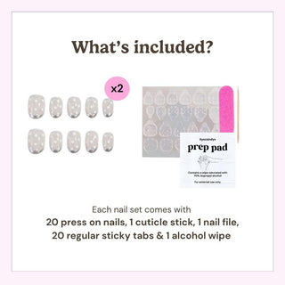 Image shows contents of the EyeCandys Silver Spotted Press-On Nails set: 20 handmade nails, 1 cuticle stick, 1 pink nail file, 20 regular sticky tabs, and 1 alcohol wipe. Text reads "What’s included?" with images of each item.