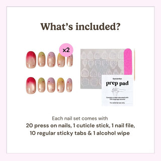Reusable press on nails kit by EyeCandys including 20 nails, nail file, cuticle stick, alcohol wipe, and 10 sticky tabs for secure application.