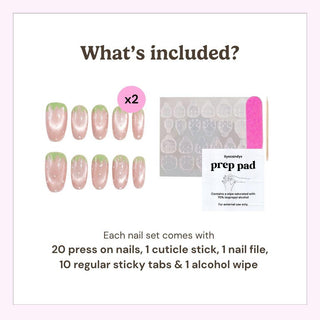 EyeCandys press on nails kit showing 20 reusable nails, cuticle stick, nail file, 10 sticky tabs, and alcohol wipe included in every set.