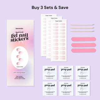 3-set package of EyeCandys Sugar Cookie Gel Nail Stickers, including prep pads, sticks, and a nail file. Featuring a pink design with glitter accents, this all-in-one kit is perfect for achieving a sparkling, long-lasting gel manicure. Ideal for gel nail lovers, offering easy application and a flawless, salon-quality finish