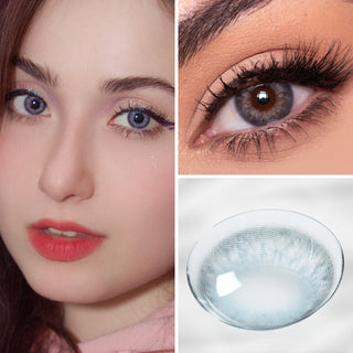 Collage featuring Eyecandys Sugarlook Blue Colored Contacts on a model, showcasing the soft blue hue with a natural appearance, an eye close-up wearing the lens, and a detailed view of the contact lens design.