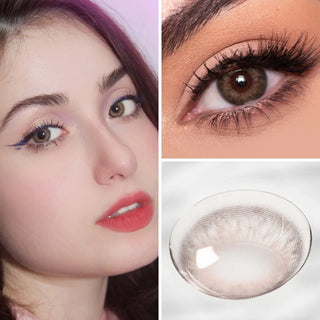 Collage featuring Eyecandys Sugarlook Brown Colored Contacts on a model, showcasing the soft Brown hue with a natural appearance, an eye close-up wearing the lens, and a detailed view of the contact lens design.
