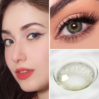 Collage featuring Eyecandys Sugarlook Green Colored Contacts on a model, showcasing the soft green hue with a natural appearance, an eye close-up wearing the lens, and a detailed view of the contact lens design.