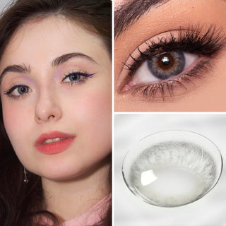 Collage featuring Eyecandys Sugarlook Grey Colored Contacts on a model, showcasing the soft grey hue with a natural appearance, an eye close-up wearing the lens, and a detailed view of the contact lens design.