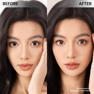 Model’s face before and after wearing EyeCandys Sunlit Hazel prescription colored contact lens, showing warm hazel eye color enhancement.