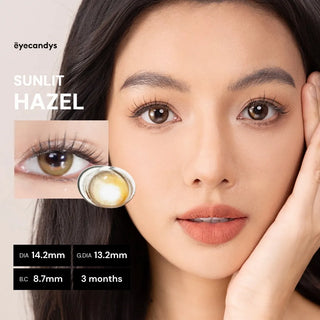 Close-up of model’s face wearing EyeCandys Sunlit Hazel prescription colored contact lens, highlighting warm hazel eyes.