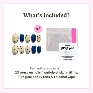 Reusable press on nails kit by EyeCandys including 20 nails, nail file, cuticle stick, alcohol wipe, and 10 sticky tabs for secure application.
