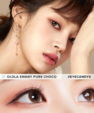 Model showcasing the natural look using Olola Swany Pure Choco (KR) prescription color contacts, above a closeup of a pair of eyes transformed by the color contact lenses