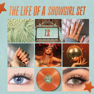 EyeCandys The Life of a Showgirl Set – Taylor Swift era inspired collection with pastel gel nail stickers and vibrant colored contact lenses in blue and green. Elegant, theatrical, and modern beauty look for 2025 nail and eye trends.