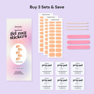 EyeCandys Tangerine Cream Gel Nail Stickers in a soft pastel orange, complete with 3 gel nail sticker sets, 6 alcohol pads, 3 nail files, and 3 wooden sticks. Everything you need for a chic, effortless manicure. Lasts 2-3 weeks with a 7-free, allergy-friendly formula, perfect for fresh and trendy spring nails.