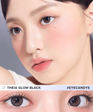 Asian model demonstrating a K-idol-inspired look with Gemhour Theia Glow Black coloured contact lenses, highlighting the instant brightening and enlarging effect of the circle contact lenses over dark irises.
