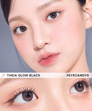 Asian model demonstrating a K-idol-inspired look with Gemhour Theia Glow Black coloured contact lenses, highlighting the instant brightening and enlarging effect of the circle contact lenses over dark irises.