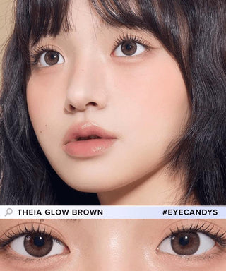 Asian model demonstrating a K-idol-inspired look with Gemhour Theia Glow Brown coloured contact lenses, highlighting the instant brightening and enlarging effect of the circle contact lenses over dark irises.