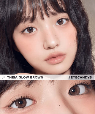 Asian model demonstrating a K-idol-inspired look with Gemhour Theia Glow Brown coloured contact lenses, highlighting the instant brightening and enlarging effect of the circle contact lenses over dark irises.